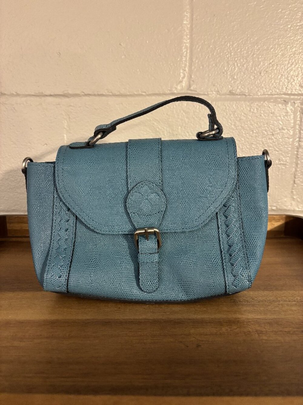 Patricia Nash Kirton Teal Blue Lizard Embossed Leather Top Handle Bag